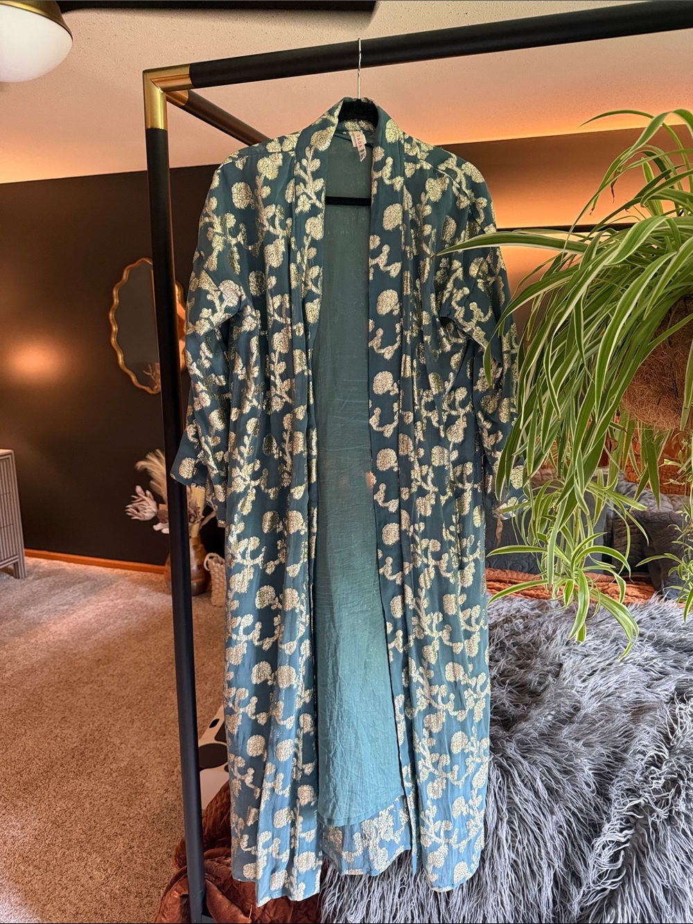 Anthropologie Teal Floral Open-Front Tunic duster. Gold metallic stitching